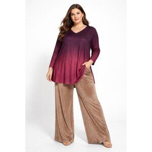 Pixie Lady Womens Plus 1X V-Neck Ombre Lightweight Jersey Emo-Lite Tunic Magenta